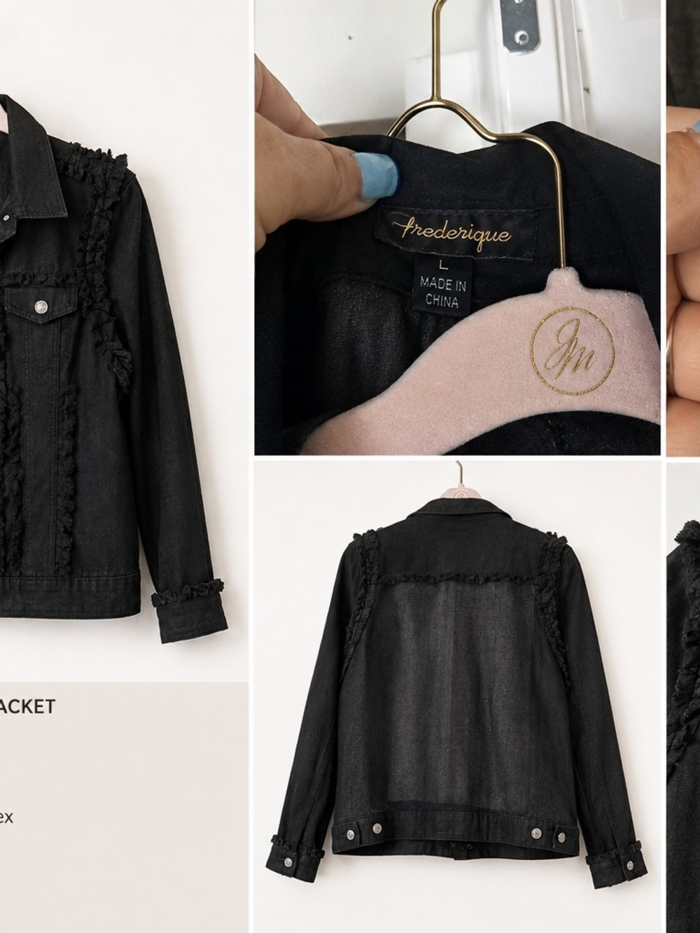 Frederique Women's Black Ruffle-Trim Denim Jacket